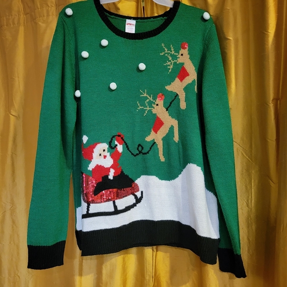 Santa Sequin Sleigh Christmas Sweater Green Holiday Time XL - Picture 3 of 8